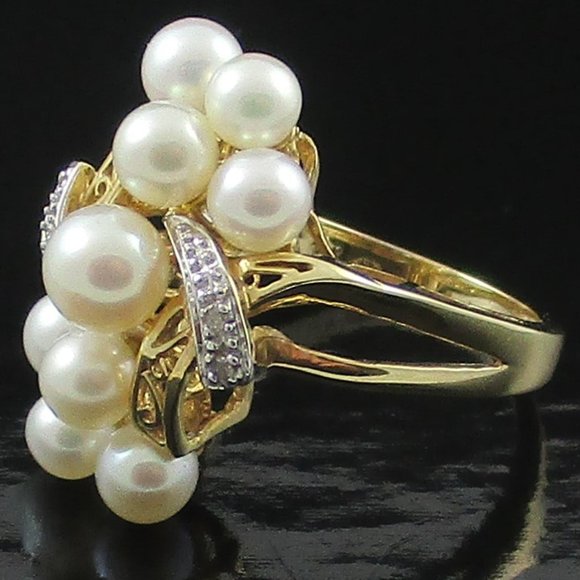 14K Yellow Gold Cultured Freshwater Pearl Cluster & Diamond Accent Ring - Picture 3 of 7